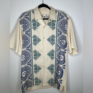 TOMMY BAHAMA Button Up Short Sleeve Silk Shirt Blue  Green Ivory Size Large
